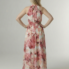 Gathered halter midi dress, pink floral tie-dye back with gathered halter strap