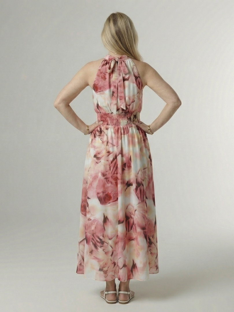 Gathered halter midi dress, pink floral tie-dye back with gathered halter strap