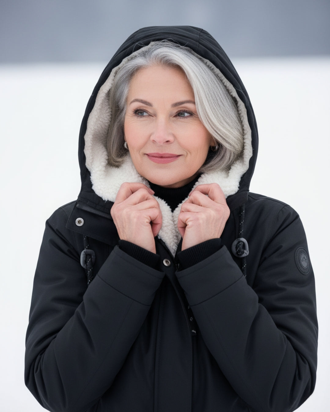 Black sherpa-lined parka close-up with hood, zip front, and insulated collar lining
