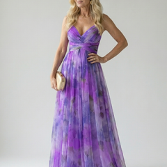 Soft wrap maxi dress with V-neck, cross-front twist, purple watercolor print