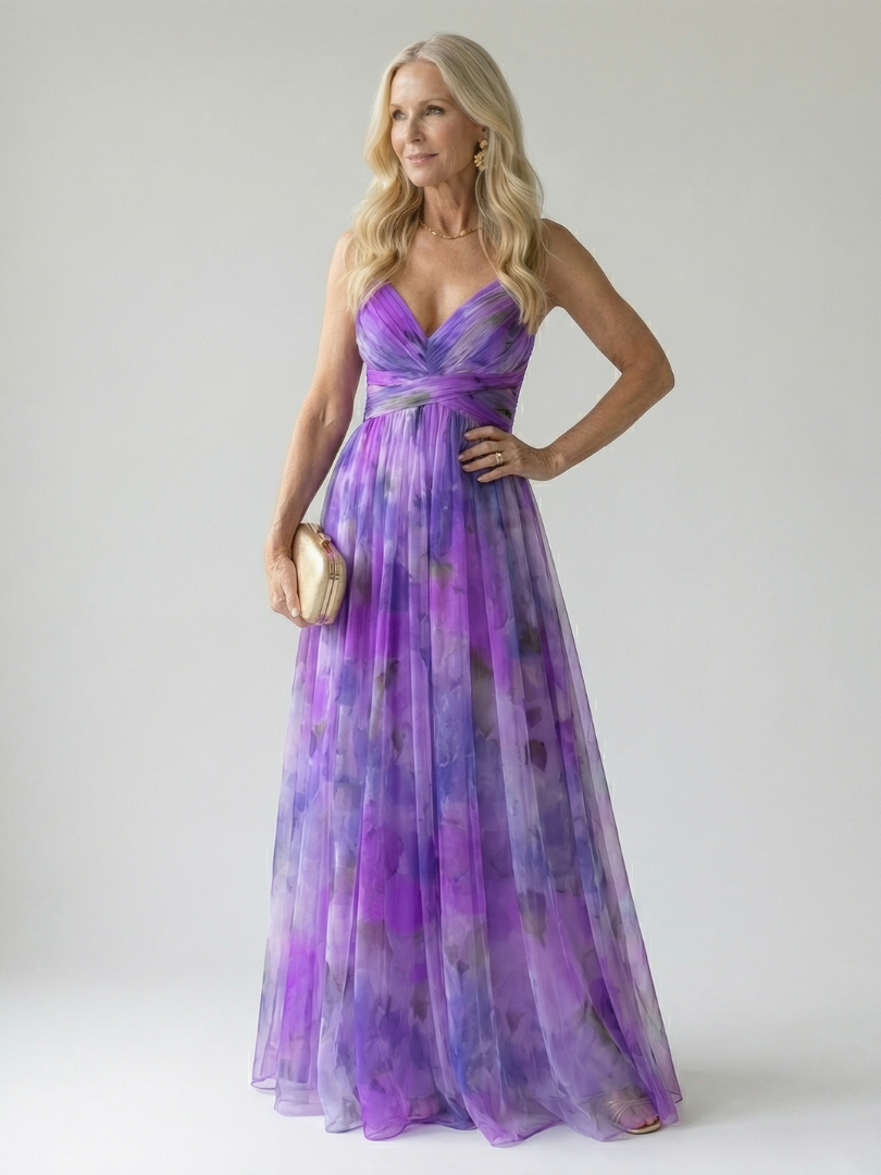 Soft wrap maxi dress with V-neck, cross-front twist, purple watercolor print