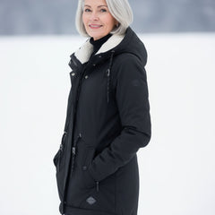 Black sherpa-lined parka side view with zip front, snap pockets, and drawcord hood