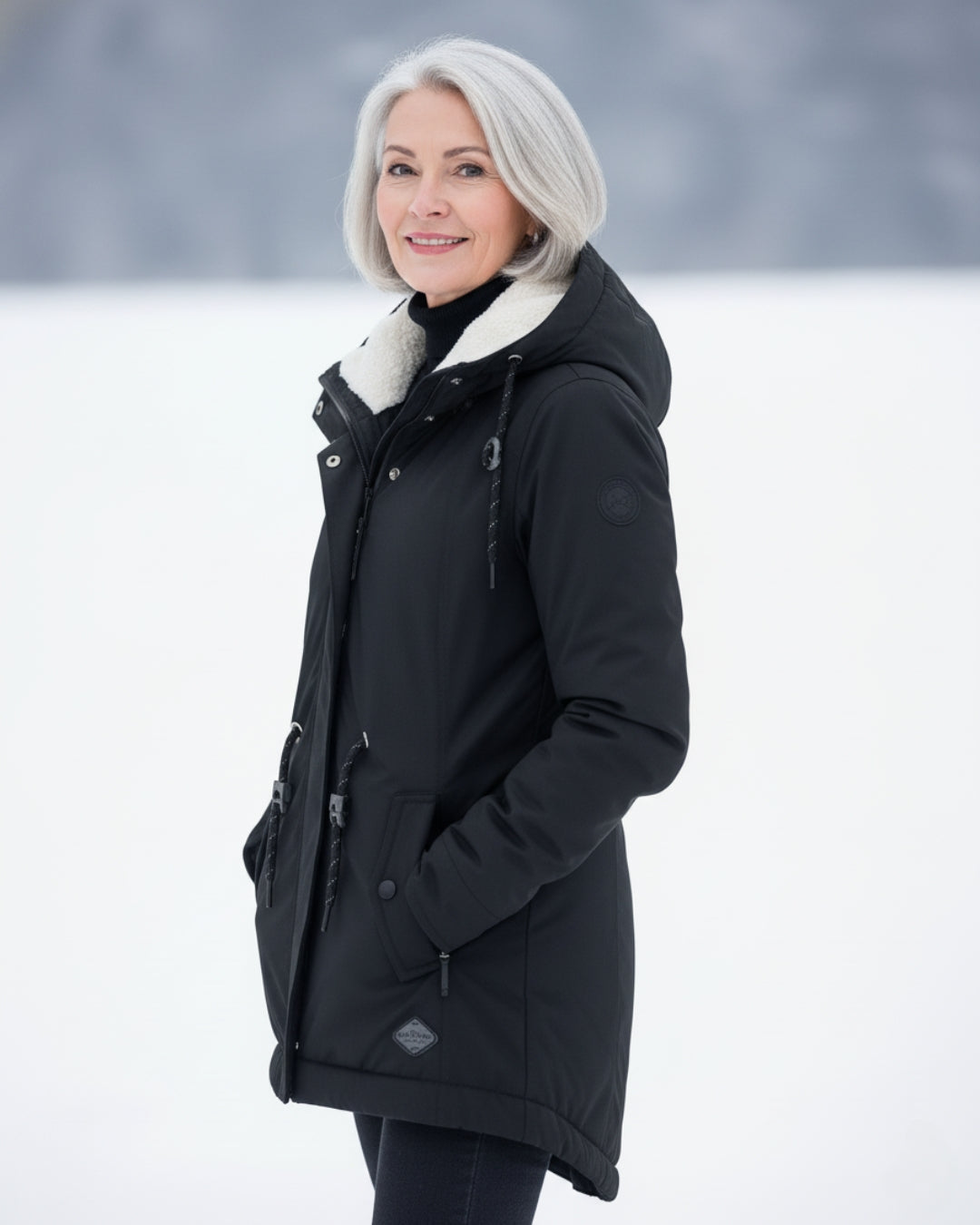Black sherpa-lined parka side view with zip front, snap pockets, and drawcord hood