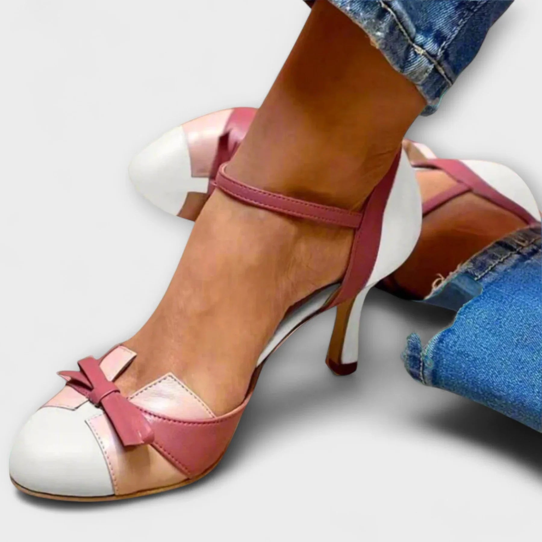 Color-block heeled sandals with pink ankle strap and white-and-rose toe panels