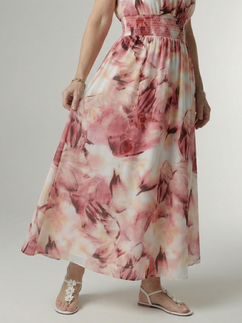 Gathered halter midi dress, pink floral tie-dye midi skirt with elastic waist