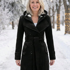 Black wool coat with hood, plush collar trim, and belted waist with button details