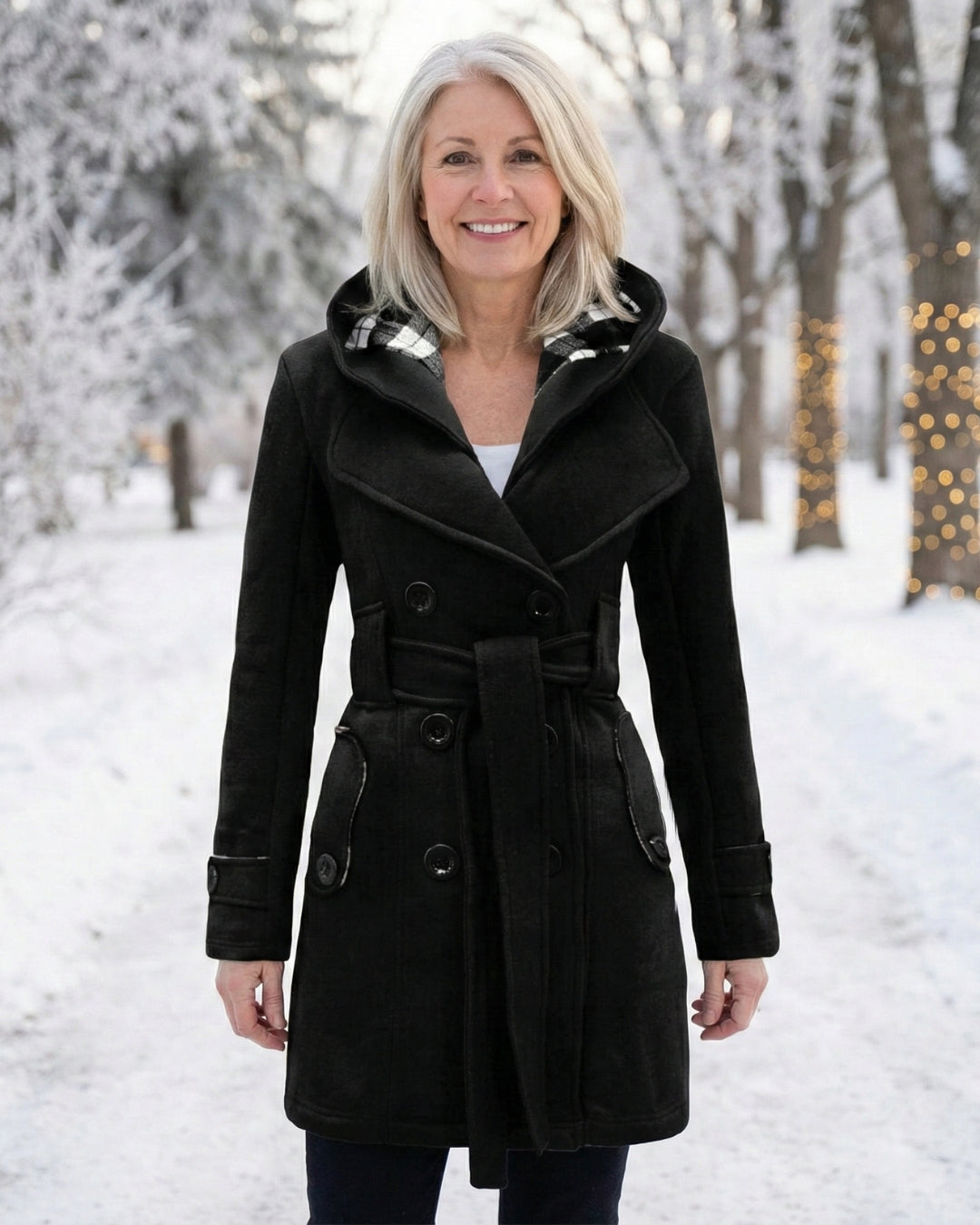 Black wool coat with hood, plush collar trim, and belted waist with button details