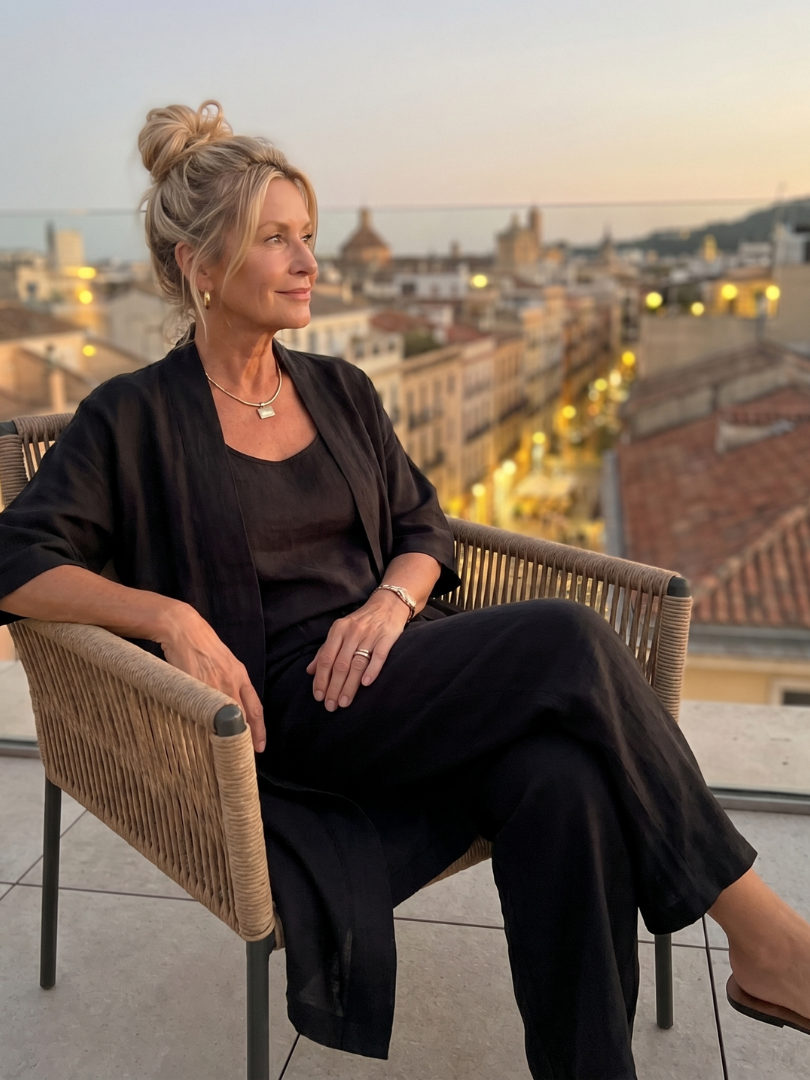 Black relaxed three-piece set with scoop-neck top and loose wide-leg pants