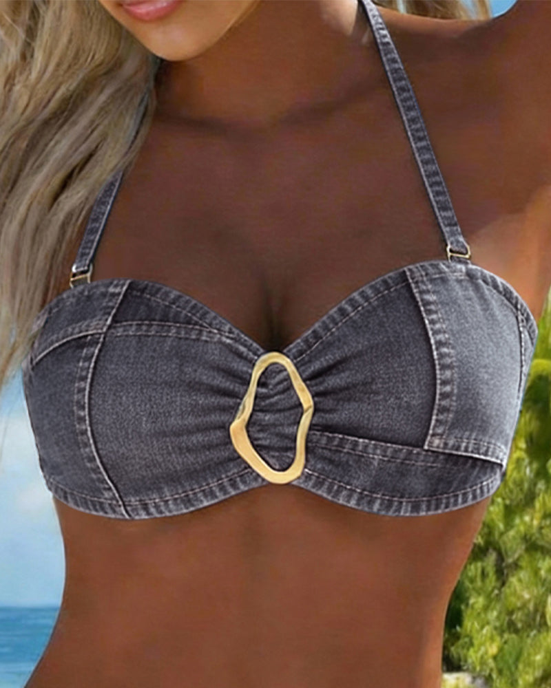 Dark grey denim-style bandeau bikini top with center oval metal buckle and thin straps