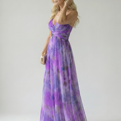 Soft wrap maxi dress with V-neck, cross-front twist, purple watercolor print