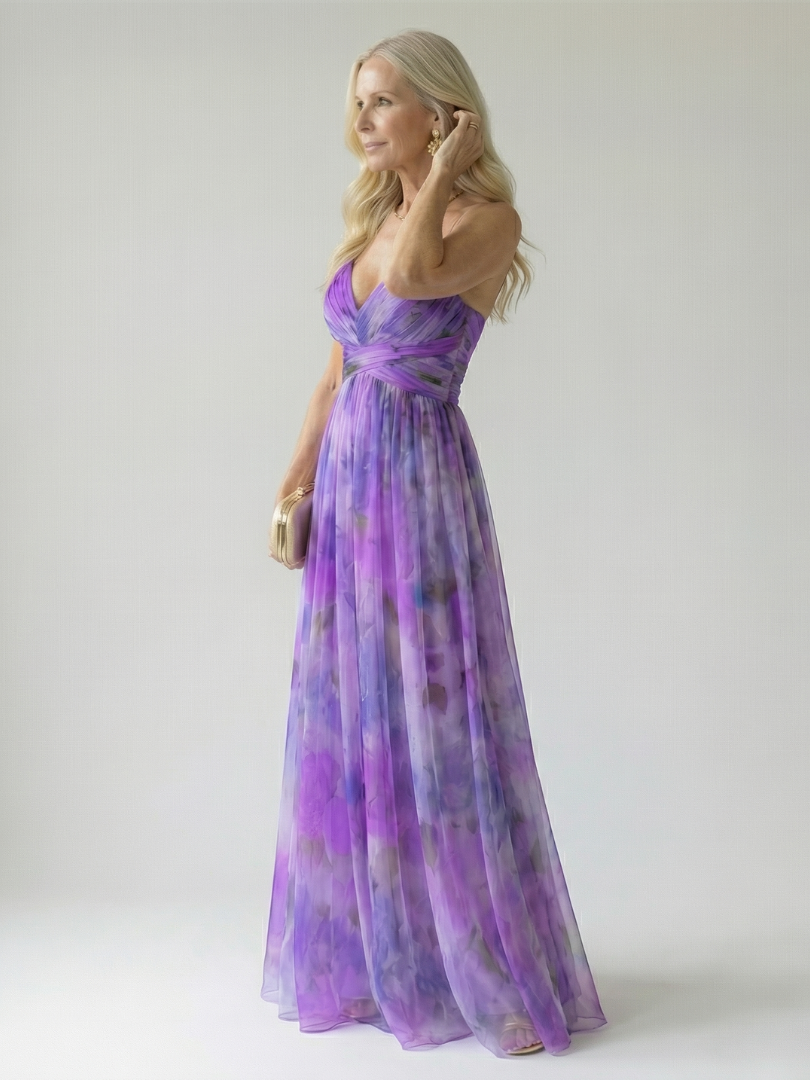 Soft wrap maxi dress with V-neck, cross-front twist, purple watercolor print