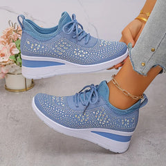 Blue comfort sneakers, lace-up knit upper with white sole and cushioned platform