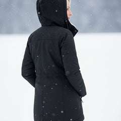 Black sherpa-lined parka back view with hood and center back zip