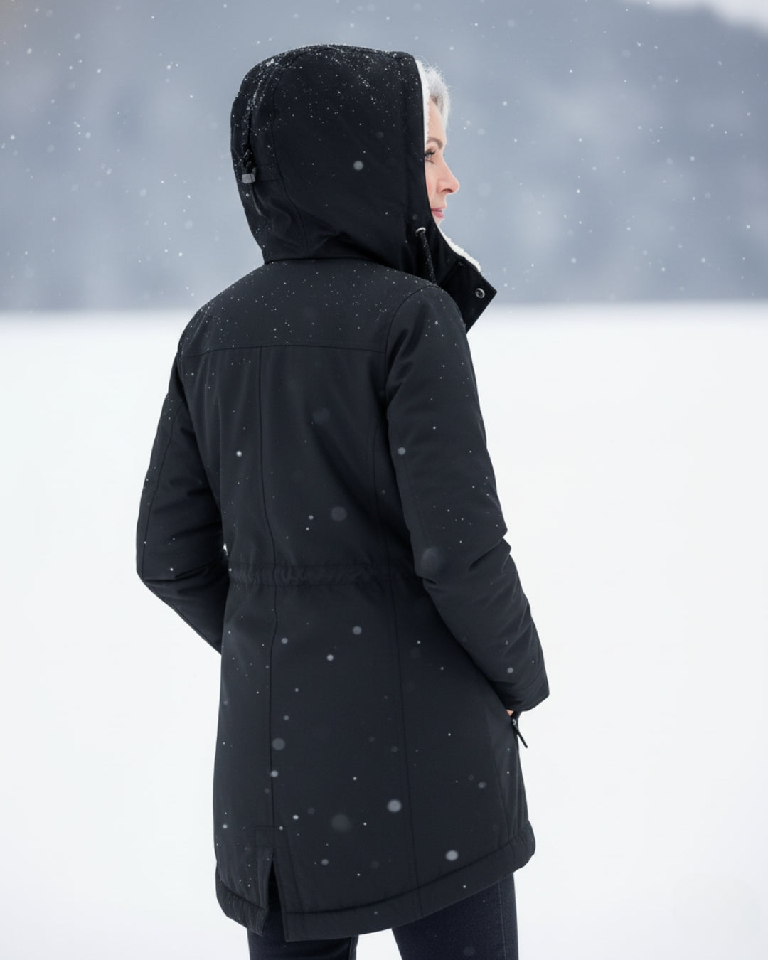 Black sherpa-lined parka back view with hood and center back zip