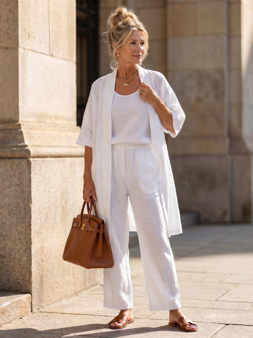 White relaxed three-piece set with open duster and wide-leg pants