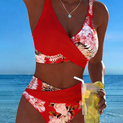 Floral contrast split bikini in red and white with red triangle top and floral briefs