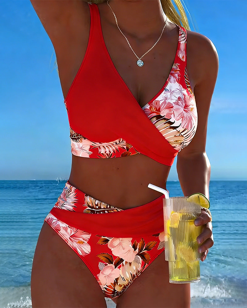 Floral contrast split bikini in red and white with red triangle top and floral briefs