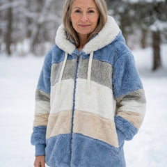 Colorblock plush zip-up hoodie jacket, blue, cream, and gray panels with front zipper