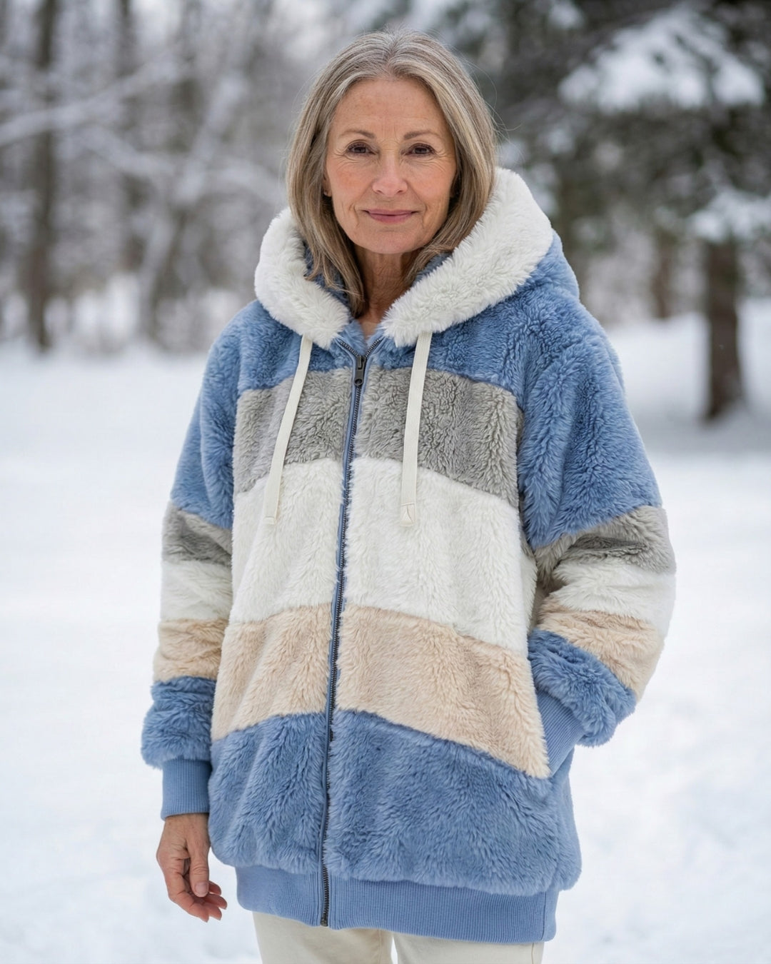 Colorblock plush zip-up hoodie jacket, blue, cream, and gray panels with front zipper