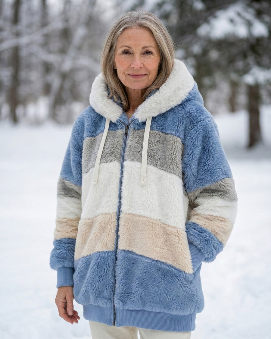 Colorblock plush zip-up hoodie jacket, blue, cream, and gray panels with front zipper