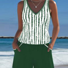 Green two-piece V-neck swimsuit set with white vertical tie-dye stripe top and shorts