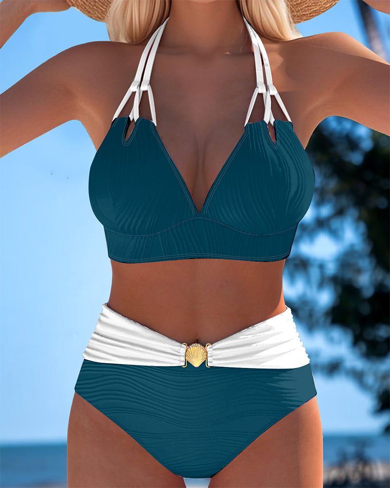 High-waisted double-strap swimsuit in dark green-teal with white contrast tie