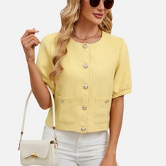 Cropped tweed blazer jacket in yellow, short sleeves, front button closure, chest pockets