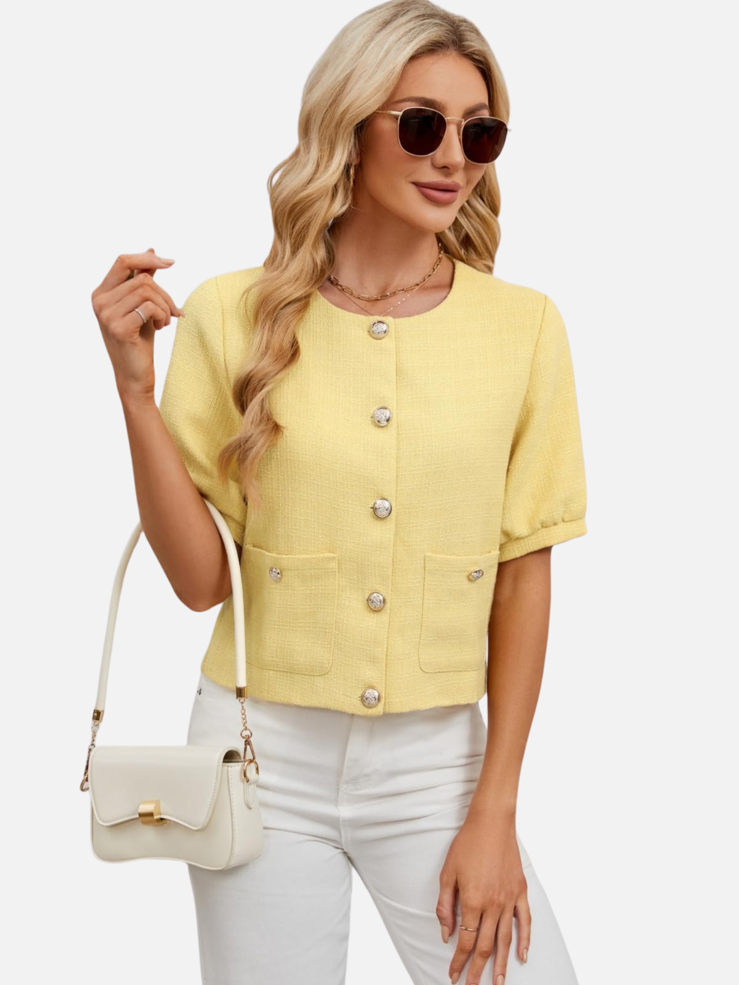 Cropped tweed blazer jacket in yellow, short sleeves, front button closure, chest pockets