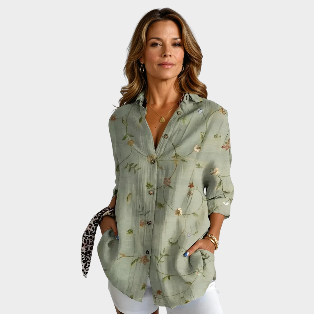 Sage green floral printed button-up relaxed blouse with V-neck and 3/4 sleeves