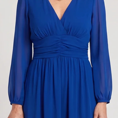 Chloe™ blue chiffon dress bodice, V-neck ruching, long balloon sleeves