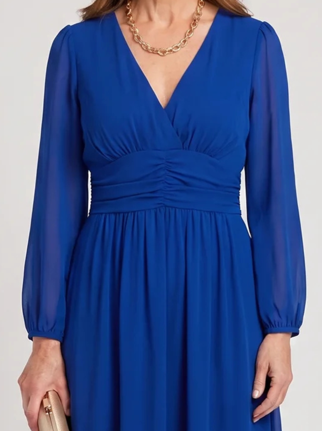 Chloe™ blue chiffon dress bodice, V-neck ruching, long balloon sleeves
