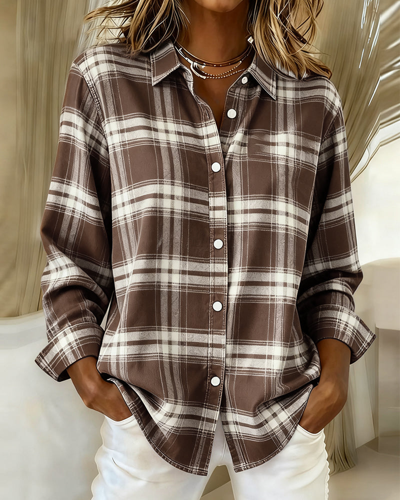 Plaid button-front shirt with notched collar in brown and beige, long sleeves