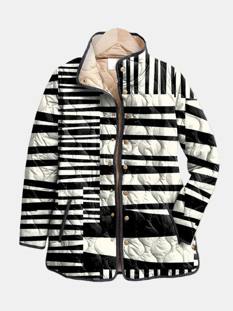 Miren striped quilted jacket with hood, button front, black and white pattern
