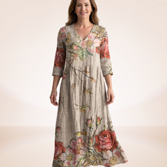 Floral relaxed dress in light beige with multicolor flowers, V-neck, 3/4 sleeves, midi hem