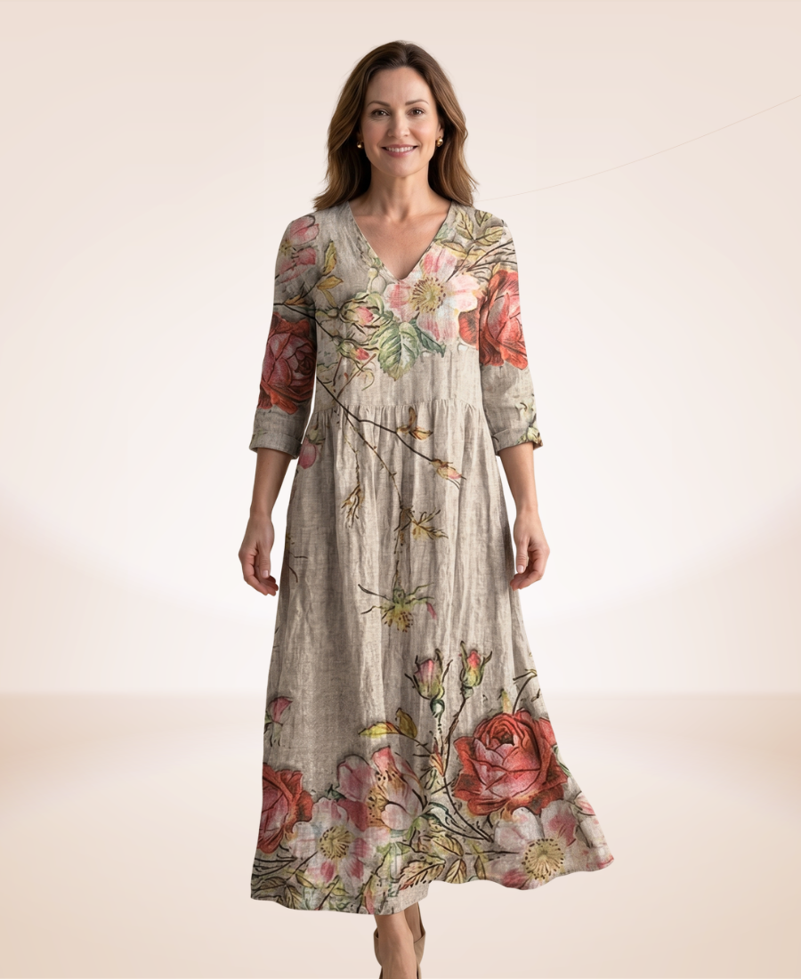 Floral relaxed dress in light beige with multicolor flowers, V-neck, 3/4 sleeves, midi hem