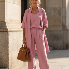 Pink linen-look three-piece set: relaxed cardigan, scoop-neck top, wide-leg trousers