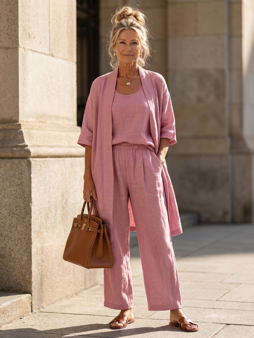 Pink linen-look three-piece set: relaxed cardigan, scoop-neck top, wide-leg trousers