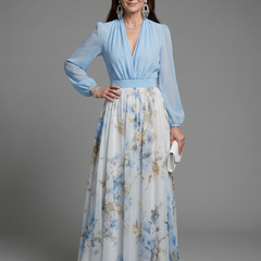 Sky blue V-neck sheer bodice floral maxi dress, long puff sleeves, gathered waist