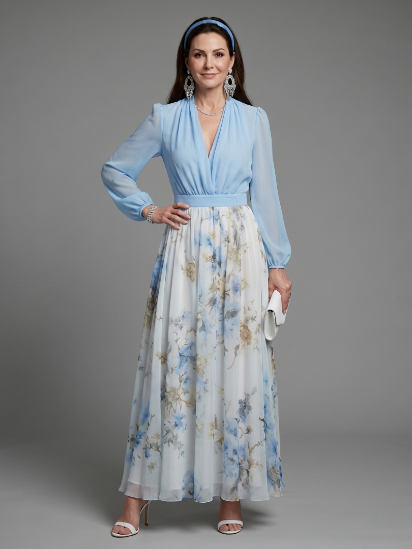 Sky blue V-neck sheer bodice floral maxi dress, long puff sleeves, gathered waist