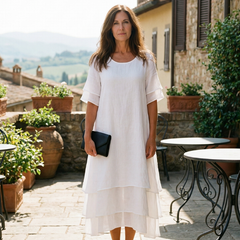 White soft layered midi dress with short sleeves and tiered skirt