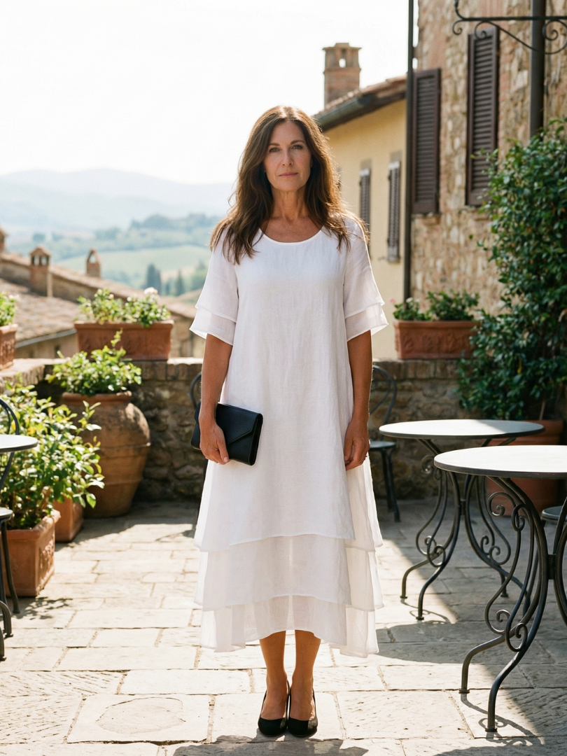 White soft layered midi dress with short sleeves and tiered skirt