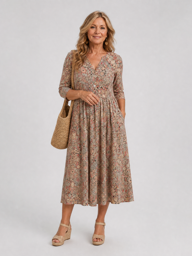 Beige floral midi dress with V-neck, three-quarter sleeves, and gathered skirt
