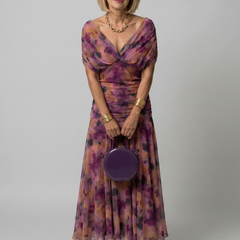 Off-shoulder flow maxi dress in purple multicolor print, ruched bodice and tiered skirt