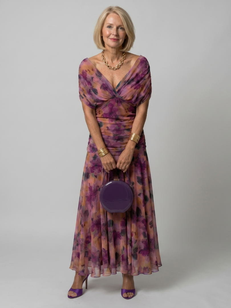 Off-shoulder flow maxi dress in purple multicolor print, ruched bodice and tiered skirt
