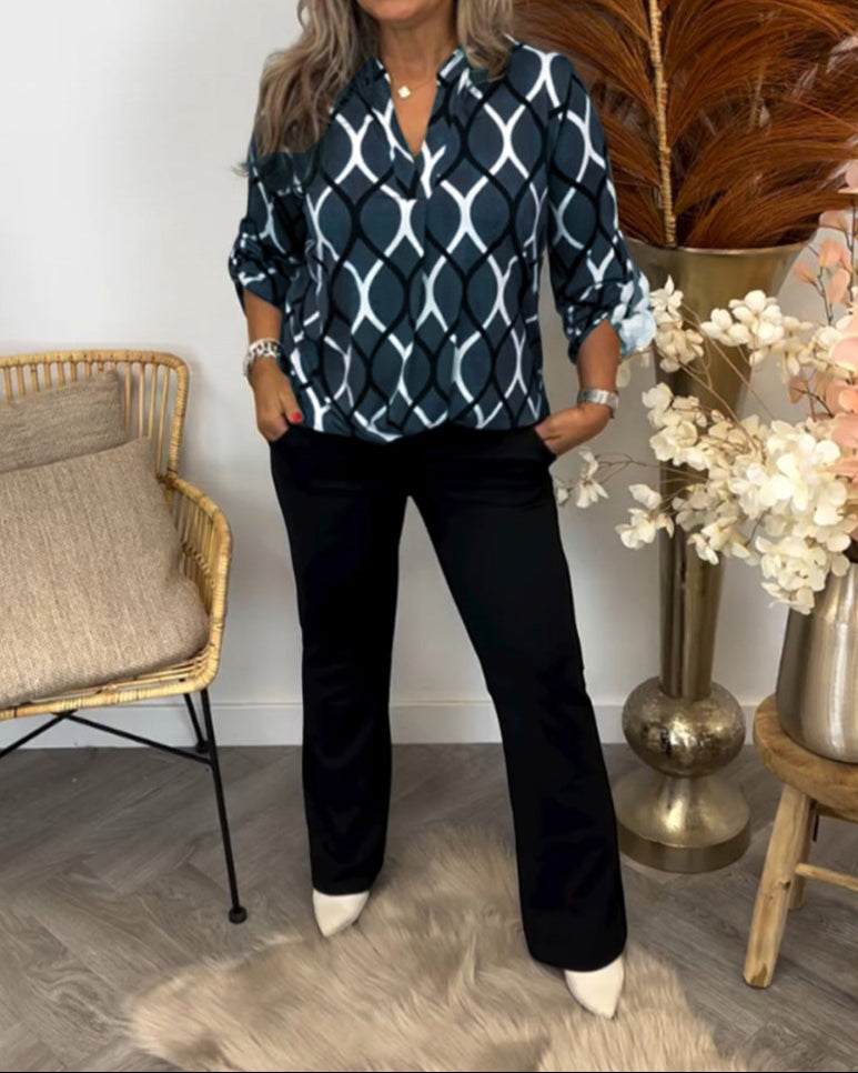 Dark blue casual blouse with long sleeves and white linked oval geometric print, button-up