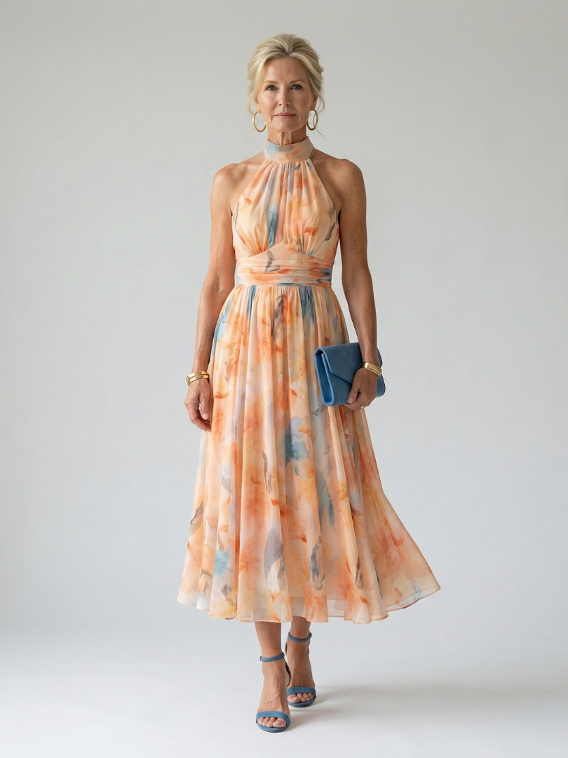 Watercolor orange-and-blue halter midi dress, gathered bodice, flowing full skirt
