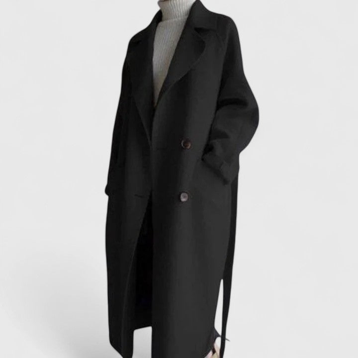 Maeve classic elegant coat, black close-up of collar and button placket