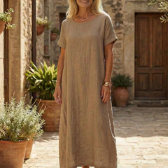 Beige linen day dress, short sleeves, round neckline, midi length, side pocket