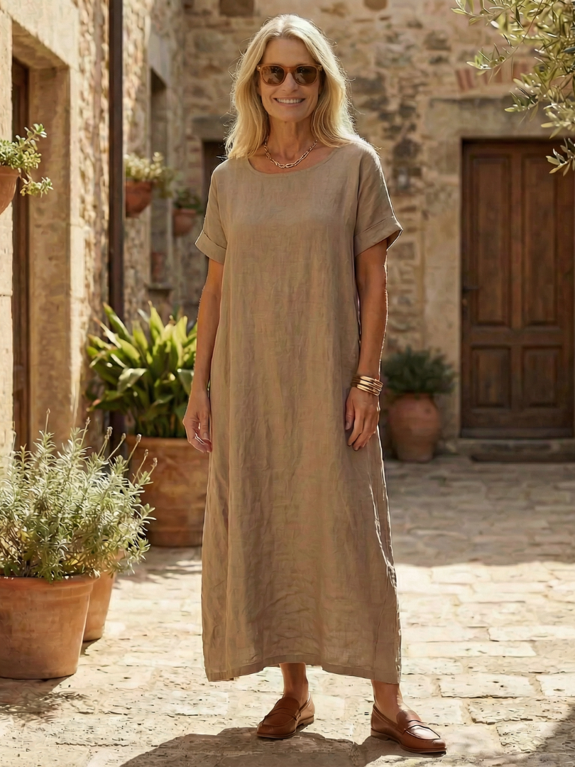 Beige linen day dress, short sleeves, round neckline, midi length, side pocket