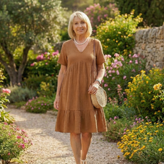 Brown woven ease dress with V-neck, short sleeves, and tiered skirt